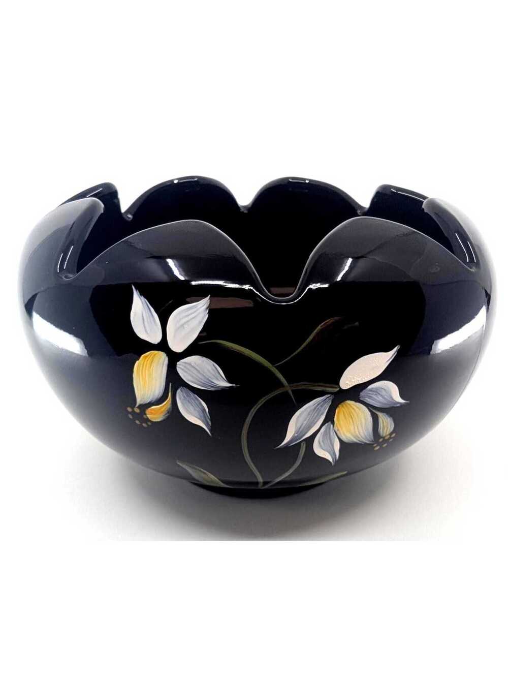 Vintage Fenton Midnight Garden Hand Painted Signed Black Glass Ruffled Bowl